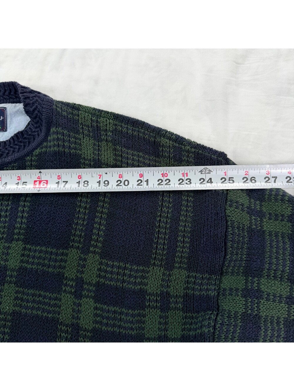 Vintage Woods & Gray Mens M Plaid Sweater Navy Green Cotton Knit 90s Grandpa - Picture 8 of 10